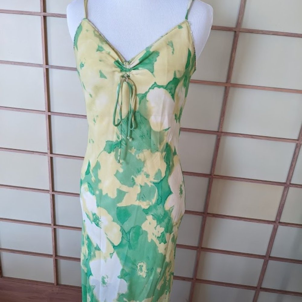Women Floral Dress Summer Green and Yellow, Size S